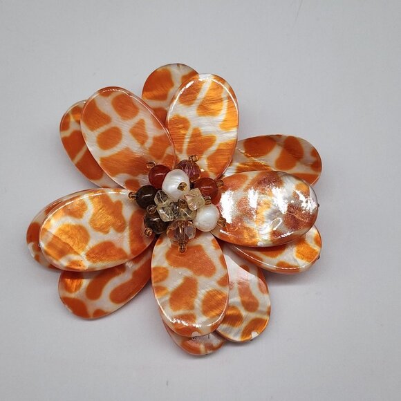 Flower Statement Brooch Glass Tigers Eye Pearl Beads Acrylic Pedals VTG 3" - Picture 1 of 7